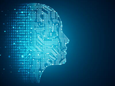 Human head outline with circuit board inside